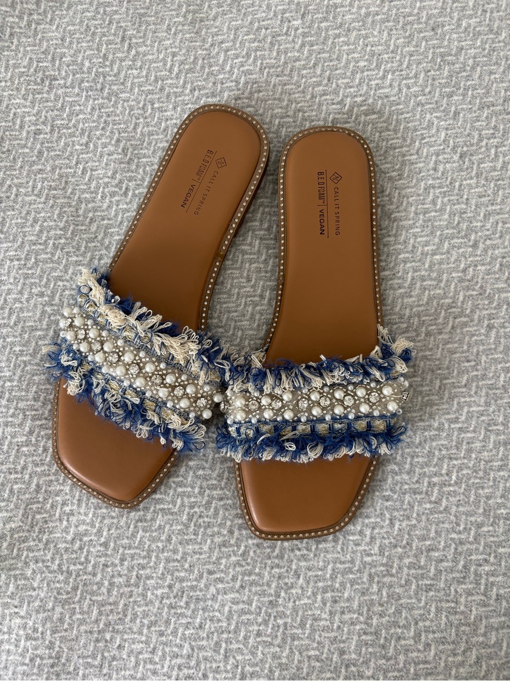 Call It Spring Blue Denim Fringe Pearl Slide Sandals